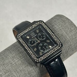 Express Watch Womens 35mm Day Date Rectangle Pave Bezel Black Quartz New Battery